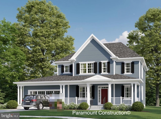 view of front of home with a porch, a garage, and a front yard