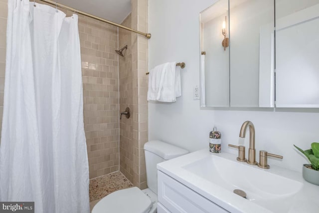 bathroom featuring a shower with shower curtain, vanity, and toilet