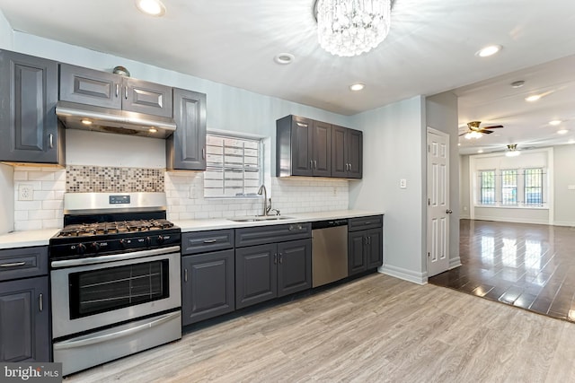 kitchen with sink, gray cabinets, stainless steel appliances, ceiling fan with notable chandelier, and light hardwood / wood-style floors