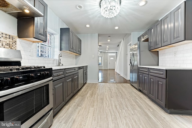 kitchen with range hood, light wood-type flooring, gas stove, and gray cabinetry