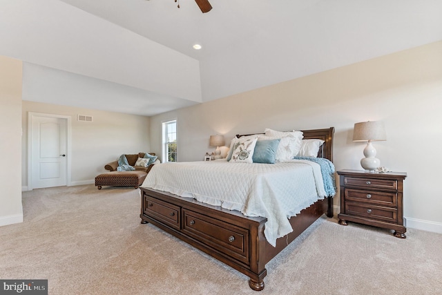 bedroom featuring baseboards, visible vents, light colored carpet, lofted ceiling, and ceiling fan