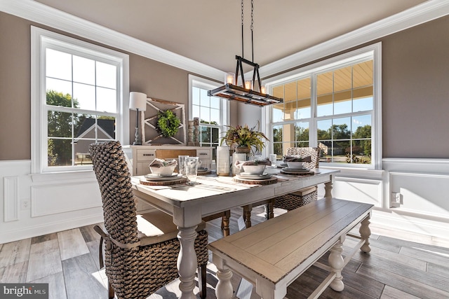 dining space with light wood-type flooring, a wainscoted wall, ornamental molding, and an inviting chandelier