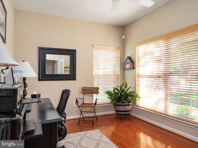 office area with ceiling fan, light hardwood / wood-style flooring, and a wealth of natural light