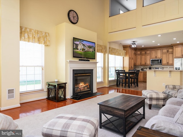 living room featuring a high ceiling and hardwood / wood-style flooring