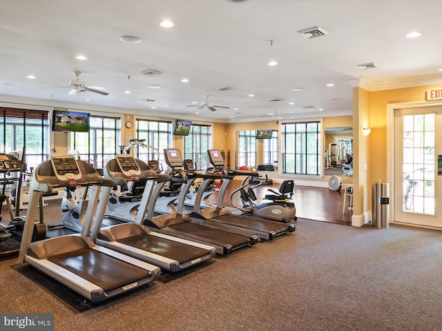 exercise room with ornamental molding, ceiling fan, plenty of natural light, and carpet