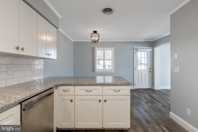 kitchen with dishwasher, light stone counters, white cabinets, dark wood-type flooring, and crown molding