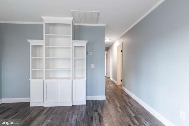 unfurnished bedroom with crown molding and dark hardwood / wood-style floors