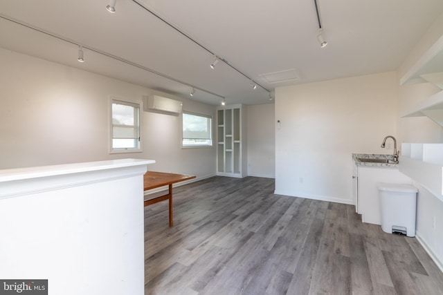 interior space with rail lighting, sink, and light hardwood / wood-style floors