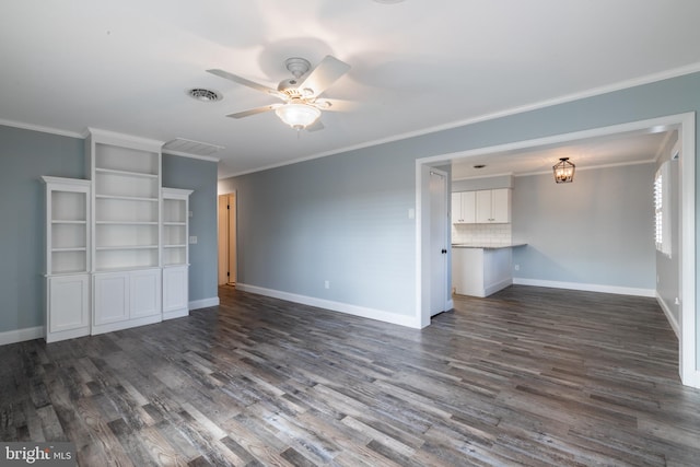 unfurnished living room featuring crown molding, dark hardwood / wood-style floors, and ceiling fan