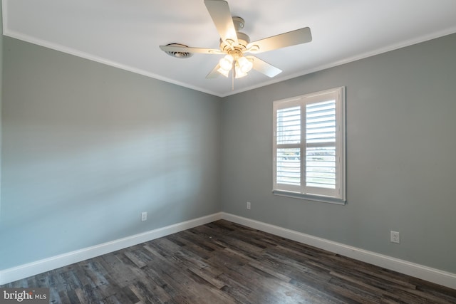 unfurnished room featuring ornamental molding, dark wood-type flooring, and ceiling fan