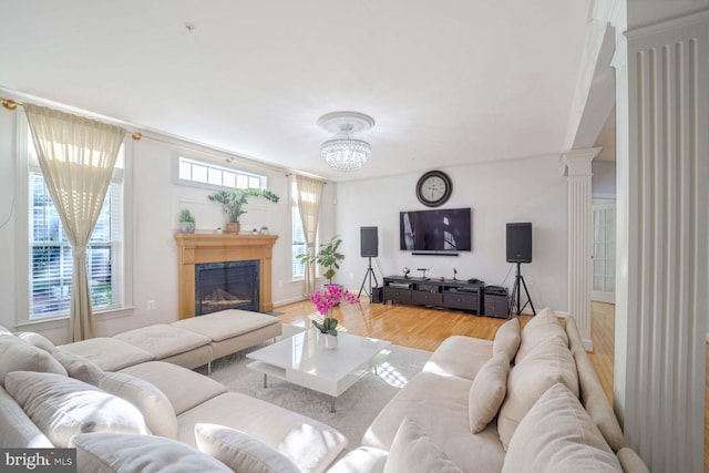 living room with light hardwood / wood-style floors, a healthy amount of sunlight, and decorative columns