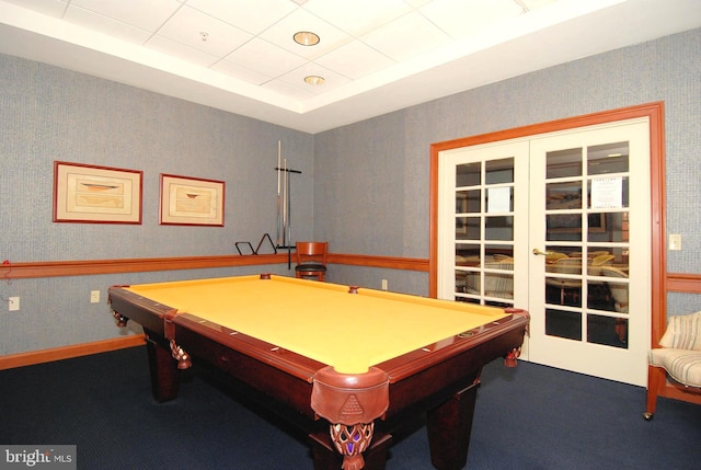 recreation room featuring carpet flooring, french doors, pool table, and a drop ceiling