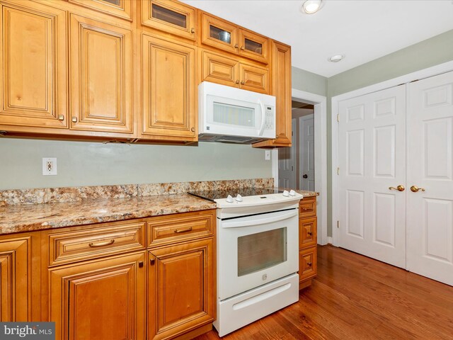 kitchen with light stone counters, hardwood / wood-style flooring, and white appliances