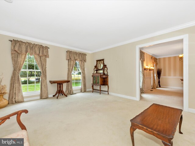 sitting room featuring ornamental molding, light carpet, and plenty of natural light