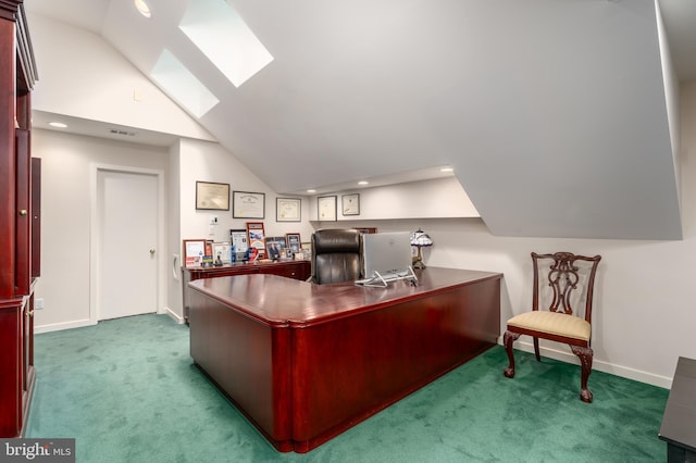 office area featuring dark colored carpet and lofted ceiling with skylight