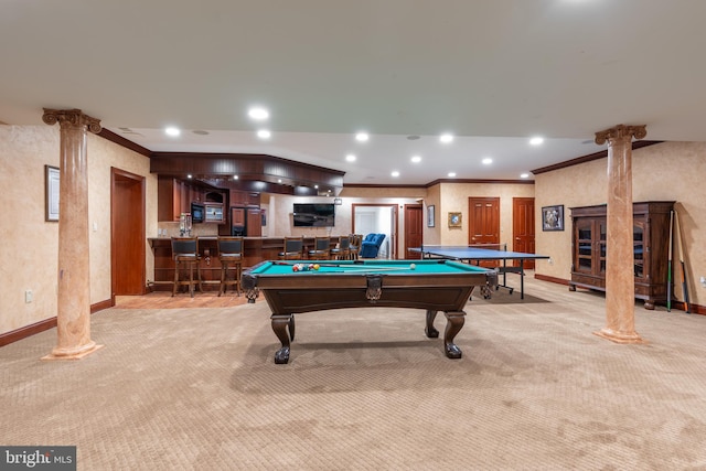 playroom featuring decorative columns, pool table, crown molding, and light colored carpet