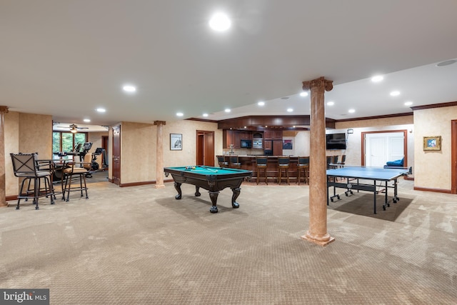 rec room featuring light carpet, billiards, ornate columns, bar, and ornamental molding