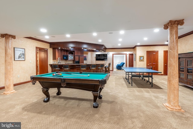 playroom with ornate columns, ornamental molding, pool table, and light carpet