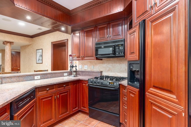 kitchen with black appliances, light stone countertops, ornate columns, crown molding, and light tile patterned floors