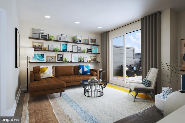 living area featuring recessed lighting, baseboards, and wood finished floors