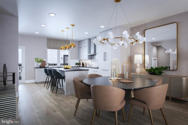 dining space with hardwood / wood-style flooring and a notable chandelier