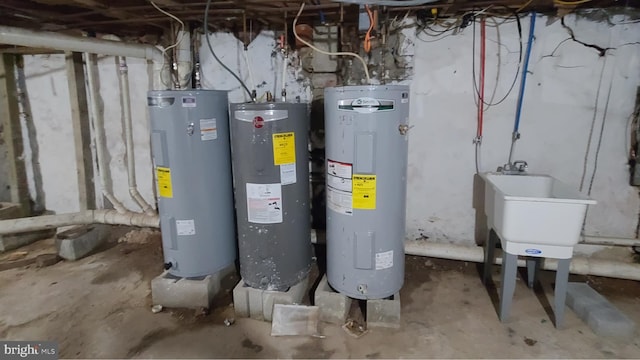 utility room featuring electric water heater, sink, and water heater