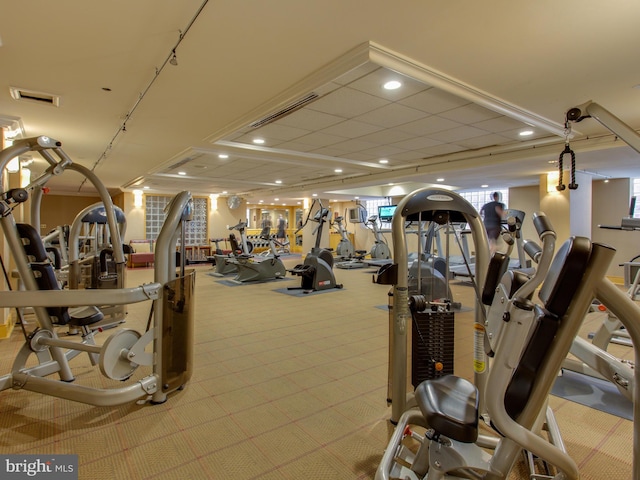 workout area featuring light carpet and a paneled ceiling