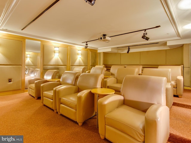 carpeted cinema room featuring ornamental molding