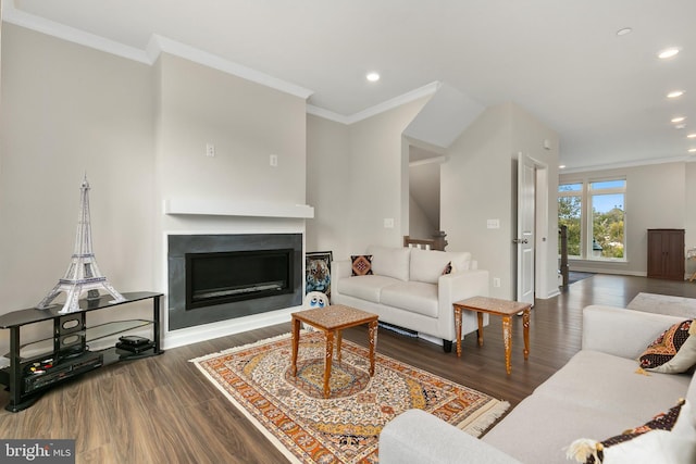 living room featuring ornamental molding and dark wood-type flooring