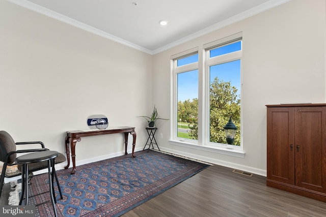 sitting room featuring crown molding and wood-type flooring