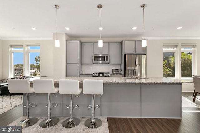 kitchen with gray cabinetry, appliances with stainless steel finishes, plenty of natural light, and hanging light fixtures