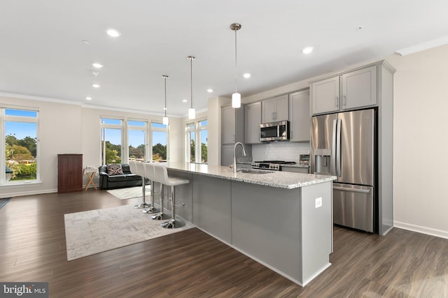 kitchen featuring light stone countertops, appliances with stainless steel finishes, dark hardwood / wood-style flooring, and gray cabinets