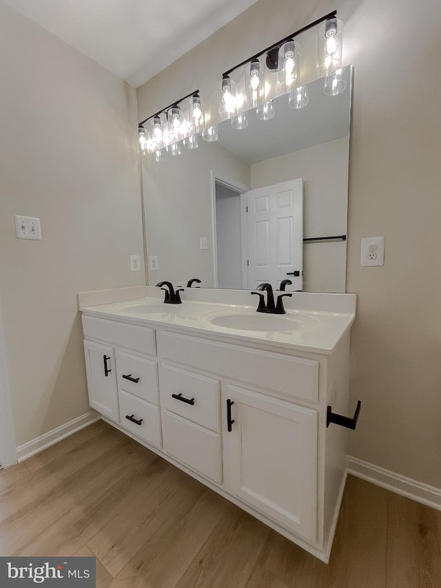 bathroom with vanity and wood-type flooring