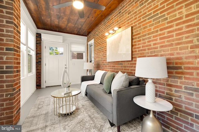 living room featuring wood ceiling, an AC wall unit, brick wall, and ceiling fan