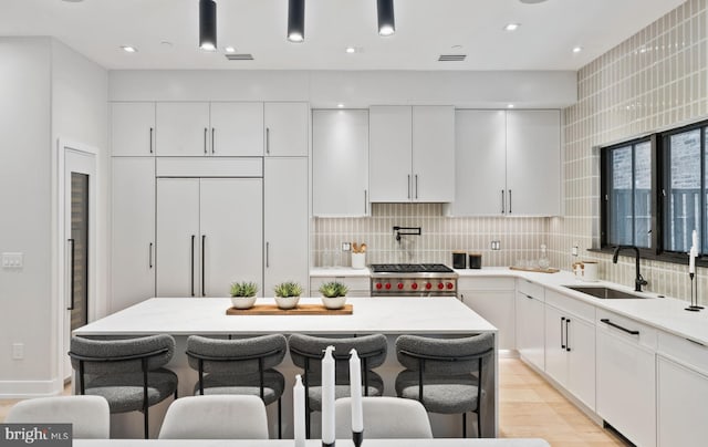 kitchen with premium appliances, tasteful backsplash, light hardwood / wood-style flooring, sink, and white cabinetry