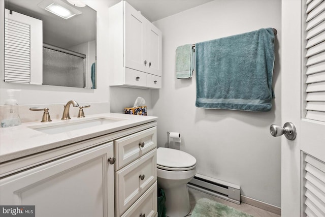 bathroom featuring tile patterned floors, toilet, a baseboard heating unit, vanity, and an enclosed shower