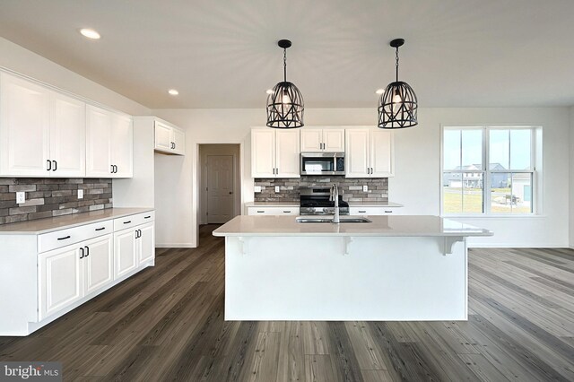 kitchen with a kitchen island with sink, white cabinets, and stainless steel appliances