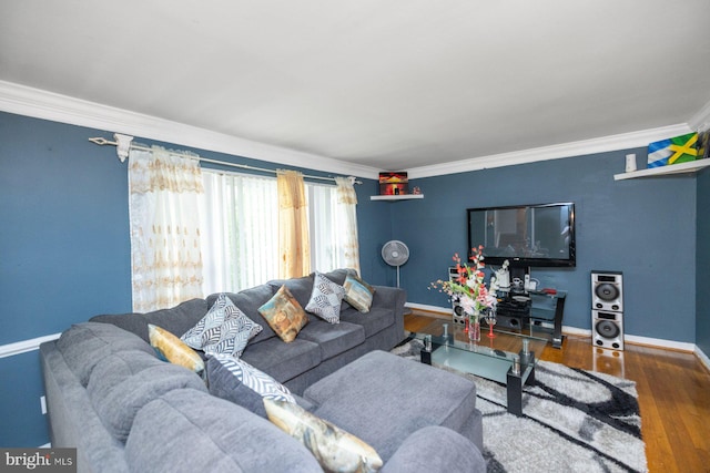 living room featuring hardwood / wood-style flooring and crown molding