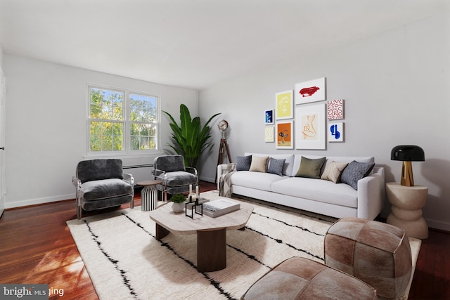 living room with dark hardwood / wood-style flooring