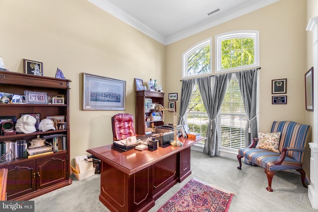 carpeted home office featuring crown molding