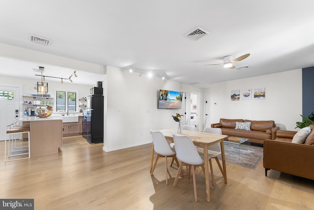 dining space featuring light hardwood / wood-style floors, ceiling fan, sink, and rail lighting