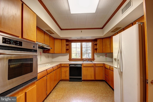 kitchen with white fridge with ice dispenser, oven, sink, dishwasher, and ornamental molding