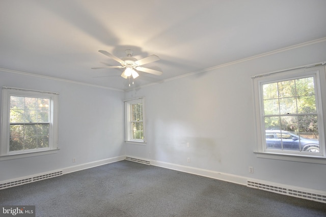 carpeted empty room featuring crown molding, a baseboard heating unit, and ceiling fan