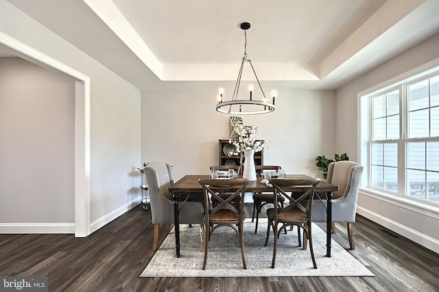 dining room featuring a raised ceiling, a chandelier, and dark hardwood / wood-style floors