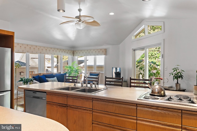 kitchen with appliances with stainless steel finishes, ceiling fan, sink, and vaulted ceiling