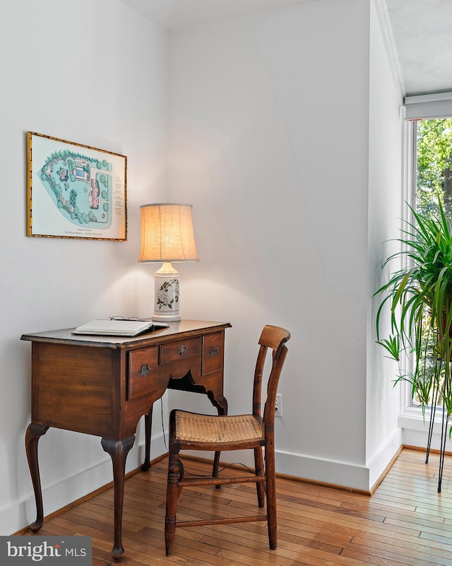 office area featuring light hardwood / wood-style floors and ornamental molding