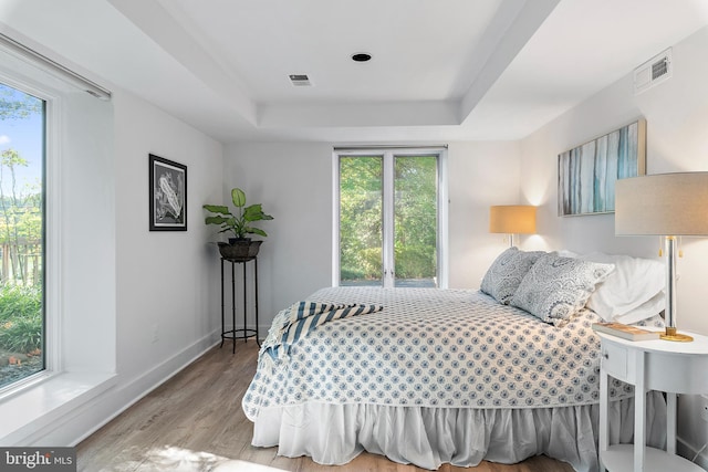 bedroom with a tray ceiling and light wood-type flooring