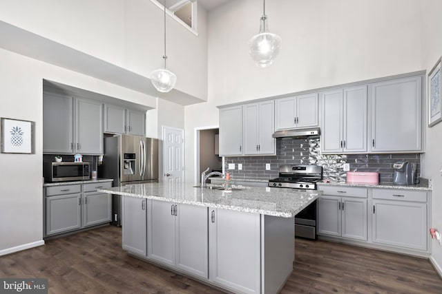 kitchen with sink, decorative light fixtures, appliances with stainless steel finishes, a towering ceiling, and dark hardwood / wood-style flooring