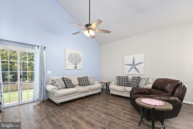 living room featuring ceiling fan, high vaulted ceiling, and dark hardwood / wood-style flooring