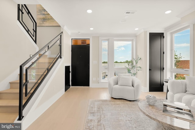 interior space featuring ornamental molding, light wood-type flooring, and a healthy amount of sunlight